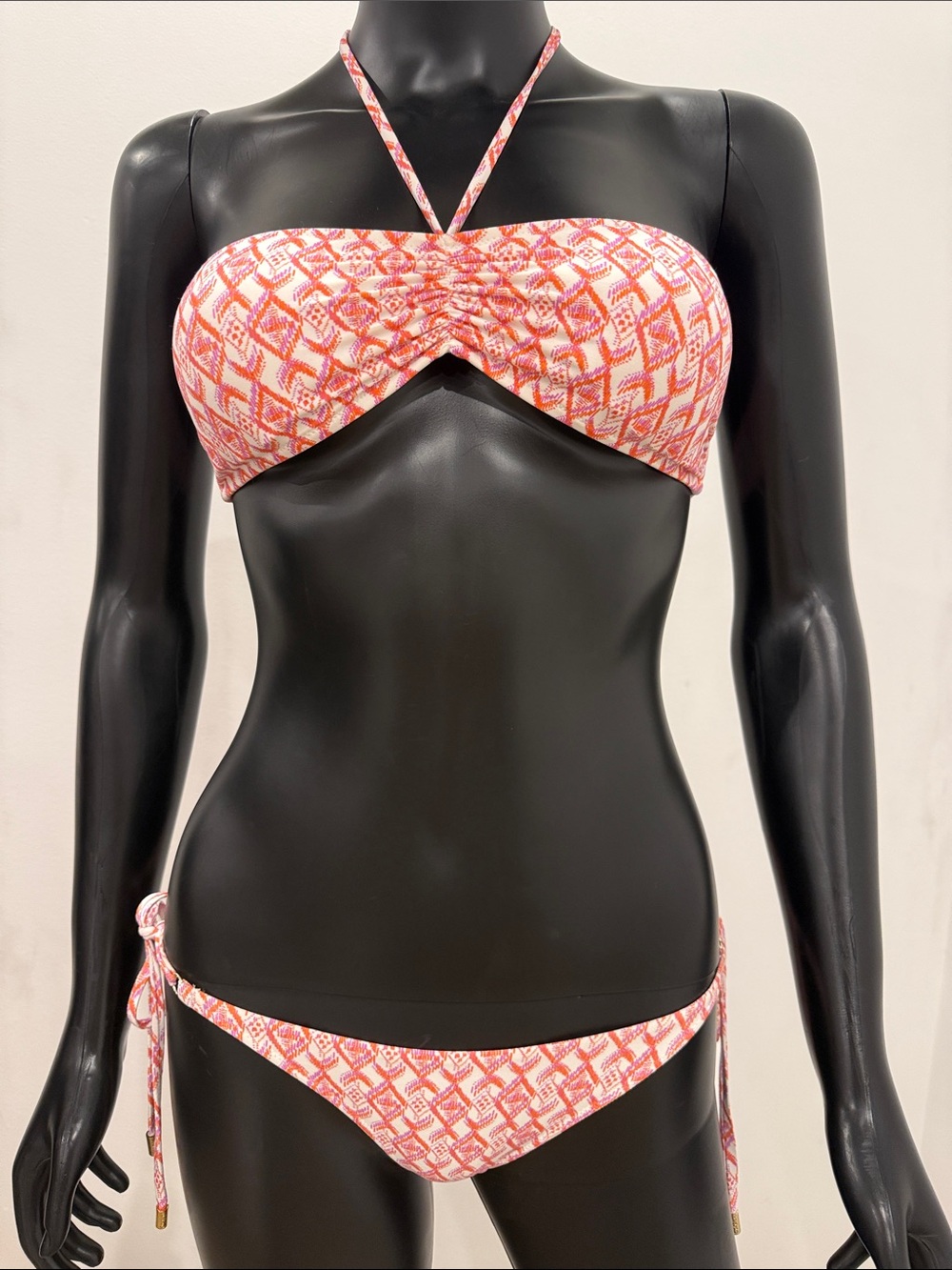 Melissa Odabash Bandeau Bikini Set Pink Orange Print Gold Hardware NWT US 4